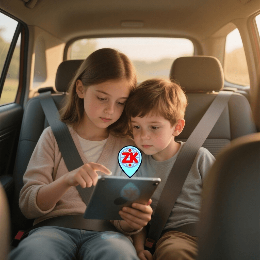 Two children exploring a map on a tablet in the back of a car
