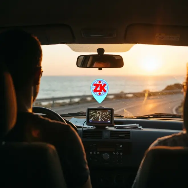 An old GPS device on a car dashboard at sunset